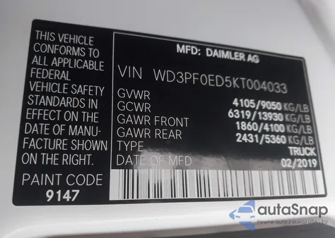 2019 Mercedes-Benz Sprinter 2500 Standard Roof I4 из США, поврежденный, VIN WD3PF0ED5KT004033